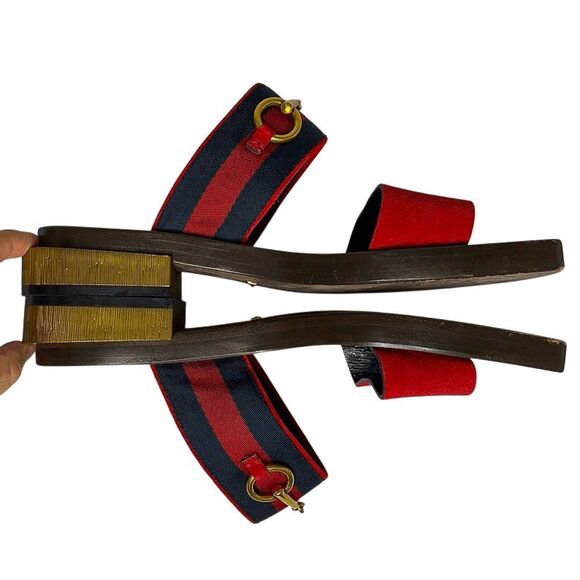 Gucci Querelle Red Suede Web Stripe Slide Heeled Wooden Sandals Women Size 36.5 - Picture 6 of 11